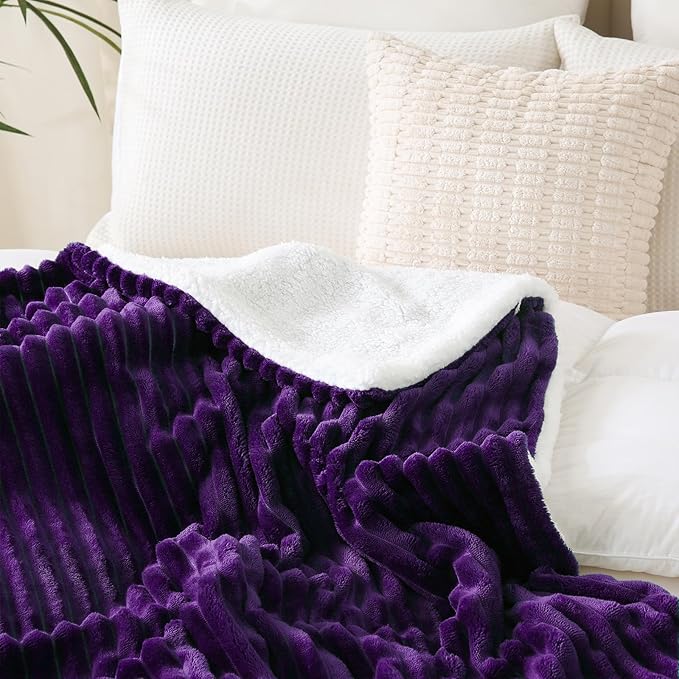 Purple Sherpa Fleece Throw Blanket 50”×60” for Couch Sofa Bed,Super Soft Cozy Plush Double Side Thick Flannel Blanket with Striped Design Lightweight for Adults,Woman,Girls