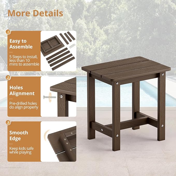 LUE BONA Outdoor Side Table Set of 2, HDPS Small Outdoor Table, Adirondack Side Table, Outside End Table for Patio, Deck, Pool, Weather Resistant/Easy Maintenance/Indoor or Outside Use, Dark Brown - Image 7