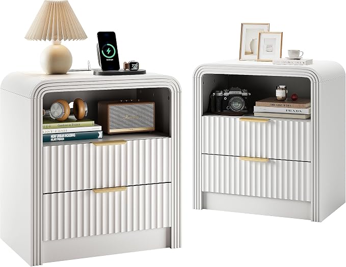 Fluted Nightstand Set of 2 with Charging Station, 19.7'' Wide Modern End Table with USB/Type-C Ports, 2 Drawers & Open Shelf, Curved Profile Design, Wood Bedside Table for Bedroom (White) by Decofy