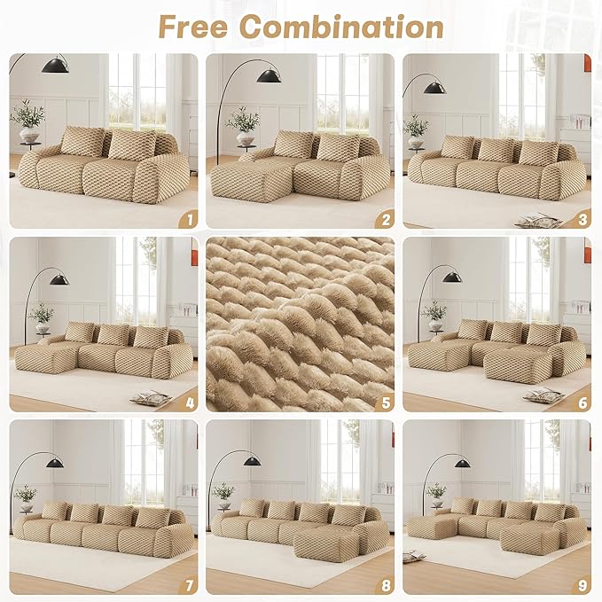 146" U-Shaped Compressed Sectional Cloud Sofa, Flannel Upholstered Modular Deep Seat Sofa with 6 Pieces, Symmetrical Boneless Foam Modular Cloud Couches for Living Room