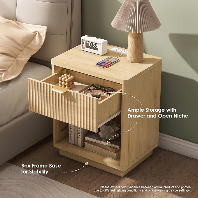 Nasonet Fluted Nightstand Charging Station,Wood Modern Night Stands Storage Cabinet for Bedroom,Oak Bedside Table with Drawers - Image 3