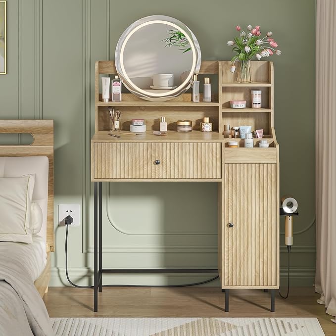 Women Bedroom Furniture Set of 2 Fluted Dresser and Makeup Vanity Desk with Charging Station Wood Dressing Table with 3 Lighting Modes and Accent Fluted Drawer Dresser for Women's Bedroom