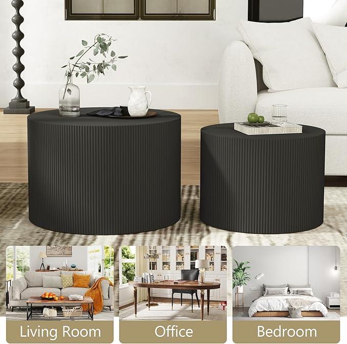 Round Coffee Table Set of 2, Modern Wooden Black Nesting Tables for Living Room, No Assembly Required Circle Side Tables Set Accent End Table for Bedroom, Balcony