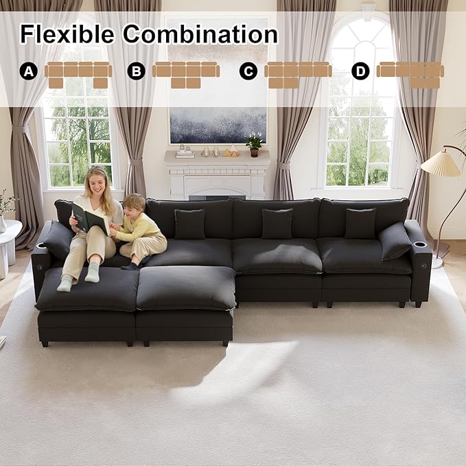 152" Modular Sectional Sofa, U Shaped Cloud Couch with Movable Ottoman, Chenille Deep Seat Cloud Sofa with Charging Station, Cup Holder, Side Pocket, Sectional Couches for Living Room, Black