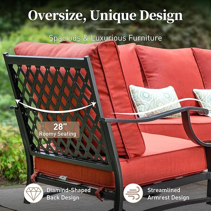 5 Piece Metal Outdoor Patio Furniture Sets, Patio Conversation Sets 1 3-seater Sofa, 2 Swivel Chairs, 2 Ottomans with 5.75" Thick Cushion, Black All-weather Backyard Furniture Set, Red