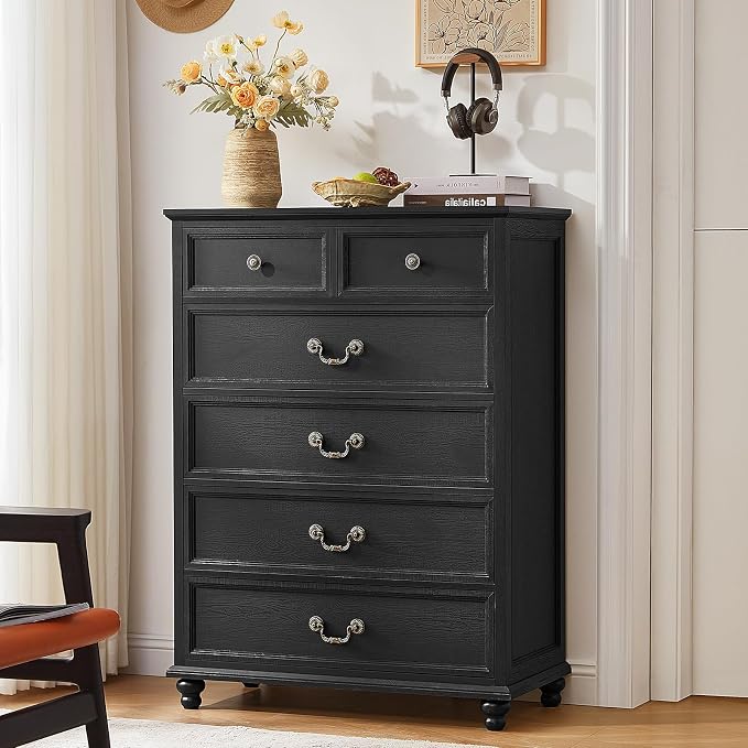 Joaxswe Farmhouse 6 Drawer Dresser Set of 2 for Bedroom, 42" Tall Rustic Chests of Drawers w/ 4 Solid Wood Feet, Mid Century Vintage Wooden Closet Storage Dressers Organizer for Living Room,Black - Image 9