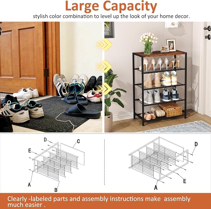 HOMEFORT 5-Tier Shoe Rack, Shoe Storage Shelf with MDF Top Board, Shoe Rack Organizer, Each Tier Fits 3 Pairs, Entryway Shoe Stand with Sturdy Shelves, Rustic Brown - Image 5