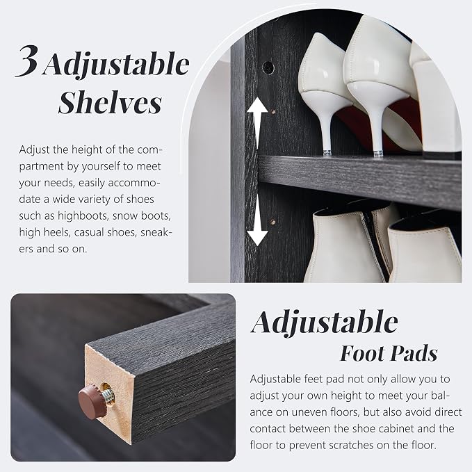 IFGET 71" Tall Arched Shoe Storage Cabinet, 8 Tiers 16 Pairs Wooden Shoe Rack with 3 Adjustable Shelves, Freestanding Shoe Closet Shelf Organizer for Entryway, Hallway, Living Room (Dark Grey) - Image 4