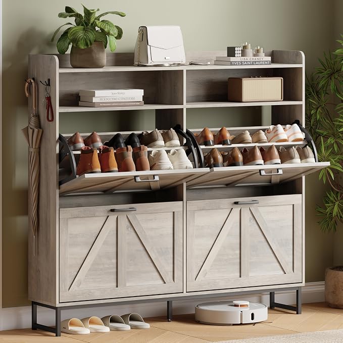 Shoe Cabinet with 4 Flip Drawers, Freestanding Hidden Shoe Storage Organizer for Entryway, Narrow Slim Shoe Rack Cabinet with Open Storage & Hooks for Front Door Entrance, Living Room, Hallway, Grey by Xixini