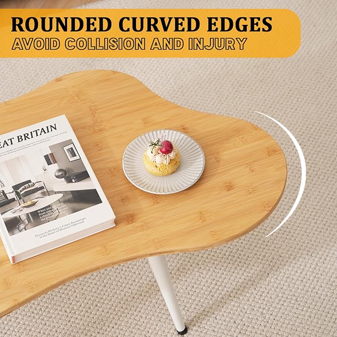 Cloud Coffee Table- Cute Tea Tables with Natural Bamboo, Solid Wood Coffee Tables, Modern Accent Sofa Center Table for Living Room & Office