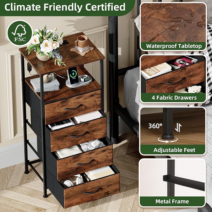 Somdot Tall Nightstand with Charging Station and LED Light for Bedroom, 4 Drawers Dresser with Fabric Bins for Bedside Kids Dorm Room Closet Laundry Entryway, Wood Grain Print - Image 6
