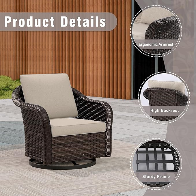 3 Piece Patio Wicker Bistro Set, 2 All-Weather Use Outdoor Wicker Swivel Chairs with PE Rattan Side Table,Ideal for Porch, Backyard, Balcony, Poolside, Beige