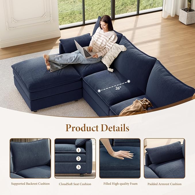 Vesgantti 108" U Shaped Sectional Couch, Deep Seat Cloud Modular Sectional Sofa with 2 Ottoman, Modern Chenille Cloud Sofa Height Adjustable for Living Room, Bedroom and Apartment, Blue