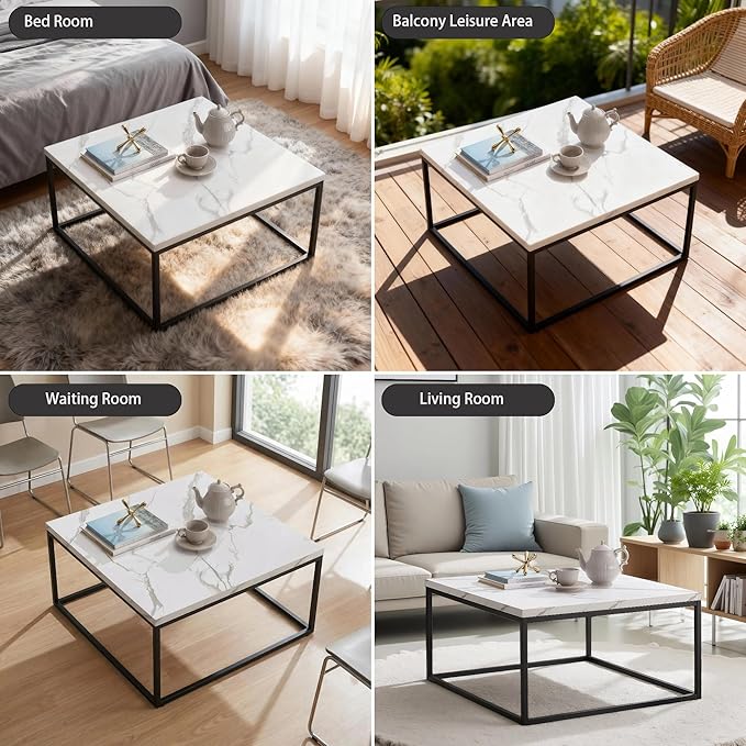CENSI 30" Square Coffee Table, White Faux Marble Center Table for Living Room, Modern Minimalist Cocktail Table with Black Metal Frame, Extra Thick 1.2" Wood Top, Sturdy & Easy Assembly