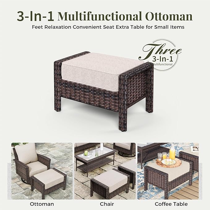 5-Piece Wicker Patio Furniture Set with Swivel Chairs, High Back Outdoor Furniture with 5.5-inch Thick Cushion and Ottoman, All-Weather Wicker Patio Conversation Set for Deck Yard Pool, Beige