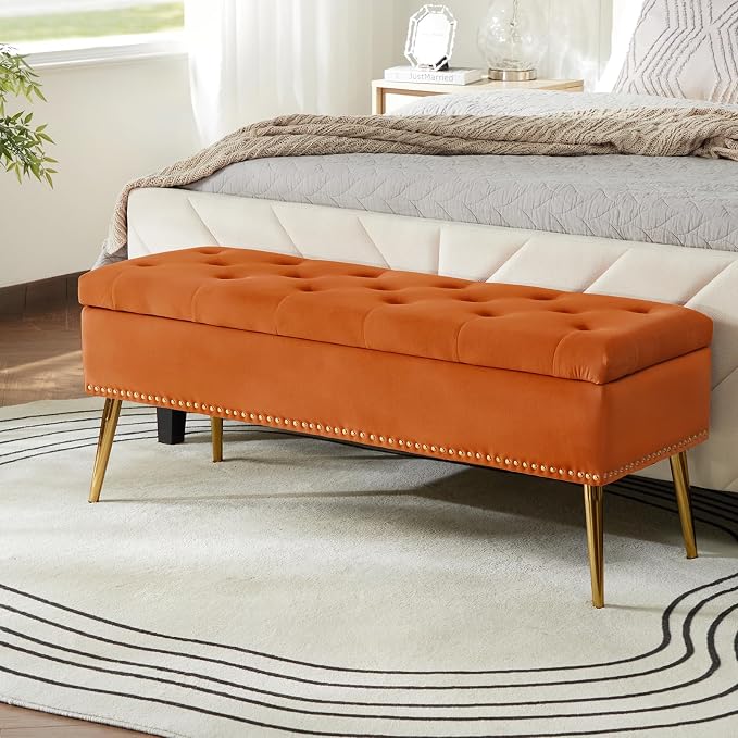 HULALA HOME Modern Velvet Storage Ottoman Bench with Gold Base & Nailhead Trim, Upholstered Bedroom Bench for End of Bed, Button-Tufted Footstool for Entryway Living Room Dining Room, Orange by HULALAHOME