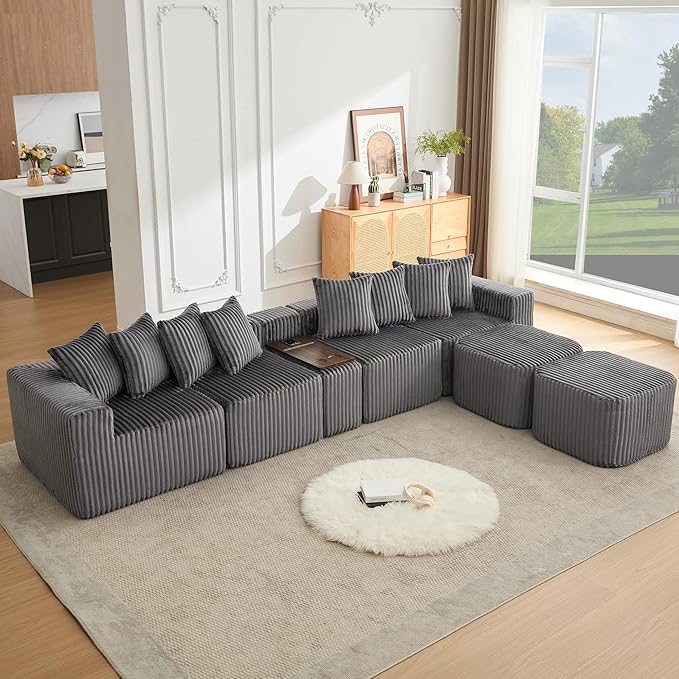 Oversized Cloud Modular Sectional Sofa Boneless Couch with Movable Ottomans,Free Combination Memory Foam Floor Couch with Charging Port & Cup Holders for Living Room | Coffee Table Board, Wireless Charge, No Assembly