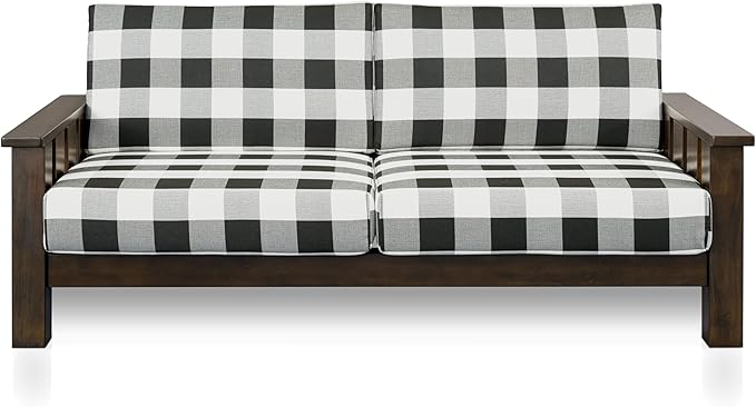 Furniture of America Gavik Modern 2-Piece Solid Wood Sofa Set with Plaid Removable Cushions, Black and White Upholstery Fabric, Comfortable Couch and Loveseat for Living Room, Dark Walnut