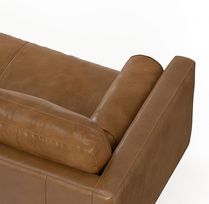 SIMPLIHOME Morrison 89-inch Wide Sofa in Caramel Brown Top Grain Genuine Leather, Mid-Century Modern Design Couch for Living Room, Single Bench Cushion, 2 Back Cushions, 2 Bolster Pillows