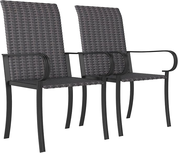 Outsunny Set of 2 Outdoor Wicker Dining Chairs, All-Weather Rattan Armchairs with Armrests, Steel Frame, High Back and Deep Seating, for Garden, Patio, Deck, Yard, Poolside, Brown by Outsunny