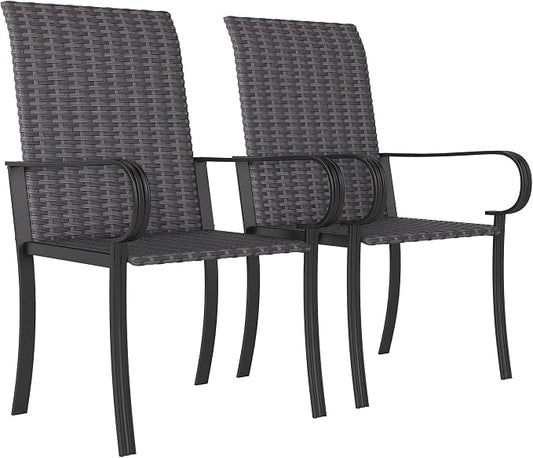 Outsunny Set of 2 Outdoor Wicker Dining Chairs, All-Weather Rattan Armchairs with Armrests, Steel Frame, High Back and Deep Seating, for Garden, Patio, Deck, Yard, Poolside, Brown by Outsunny