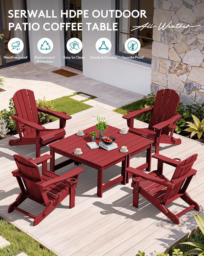 SERWALL Outdoor Coffee Table with 1.69" Umbrella Hole, HDPE Patio Coffee Table for Outside, Rectangle, Red - Image 9
