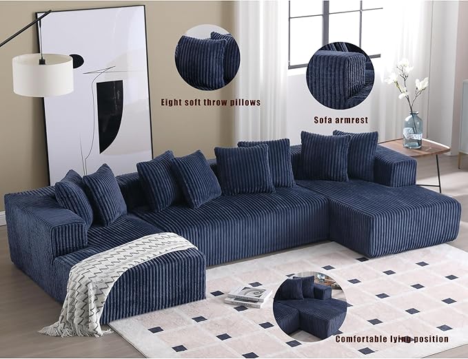 133" Oversized U-Shaped Modular Sectional Sofa, No Assembly Required Floor Couch, Memory Foam Cloud Sofa with 10 Lumbar Pillows, Corduroy Upholstery | Breathable material, Non-Slip, Wider Armrest