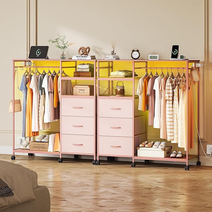 WLIVE Pink Dresser with Hanging Rack for Bedroom, 3 Drawer Dresser with LED Lights & Charging Station, Fabric Dressers & Chest of Drawers, Storage Organizer with Open Shelves for Living Room - Image 3