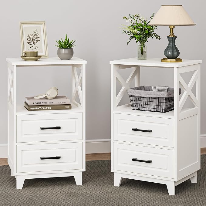 May in Color White Nightstand Set of 2, Tall Side Table, Farmhouse End Table with 2 Large Storage Drawers Cabinet, Wooden Rustic Bedside End Table for Bedroom, Home Office, White - Image 2