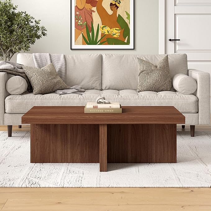 Henn&Hart 44" Rectangular Pedestal Low-Profile Coffee Table for Living Room, Family Room, or Office, Satin Walnut