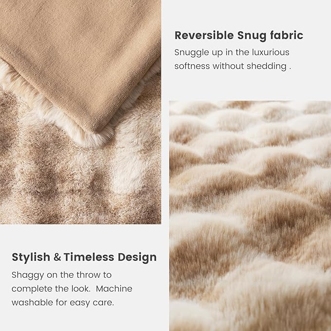 Cozy Bliss Faux Fur Throw Blanket for Couch, Fuzzy Soft Plush Thick Bubble Blanket for Sofa Bedroom Living Room, 50 * 60 Inches Tie-dye Beige