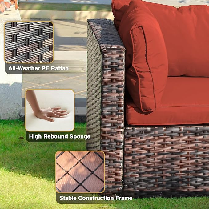 11 Piece Patio Furniture Set All Weather PE Rattan Outdoor Sectional Sofa Couch with No-Slip Cushions and Glass Top Table for Garden, Poolside, Backyard (Red)