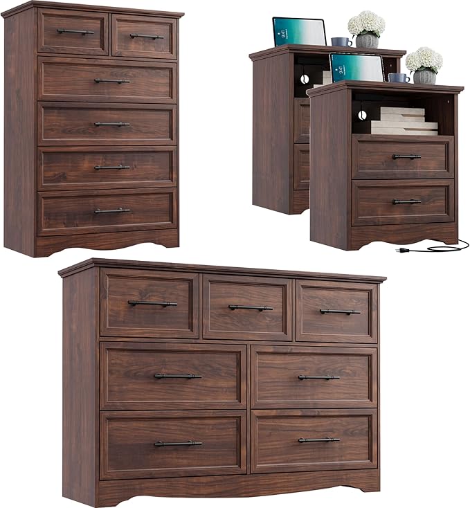 Bedroom Set, 4 Pieces Bedroom Furniture Set, 47" W 7 Drawer Dresser, 44" H 6 Drawer Dresser and Nightstands with Charging Station, Farmhouse Storage Organizer Cabinet for Bedroom, Walnut