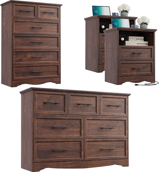 Bedroom Set, 4 Pieces Bedroom Furniture Set, 47" W 7 Drawer Dresser, 44" H 6 Drawer Dresser and Nightstands with Charging Station, Farmhouse Storage Organizer Cabinet for Bedroom, Walnut