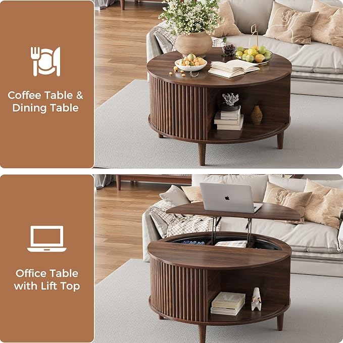 Lift Top Coffee Table with Storage, Fluted Round Center Table with Sliding Cabinet Door, Small Circle Table for Living Room, Walnut