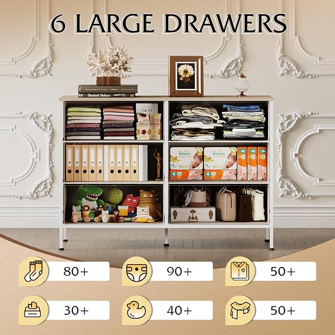 WLIVE Dresser for Bedroom with 6 Drawers, Wide Dresser TV Stand for 50 Inches TV with Metal Frame, Wooden Top, Chest of Drawers, Fabric Dresser for Living Room, Hallway, Light Grey - Image 5