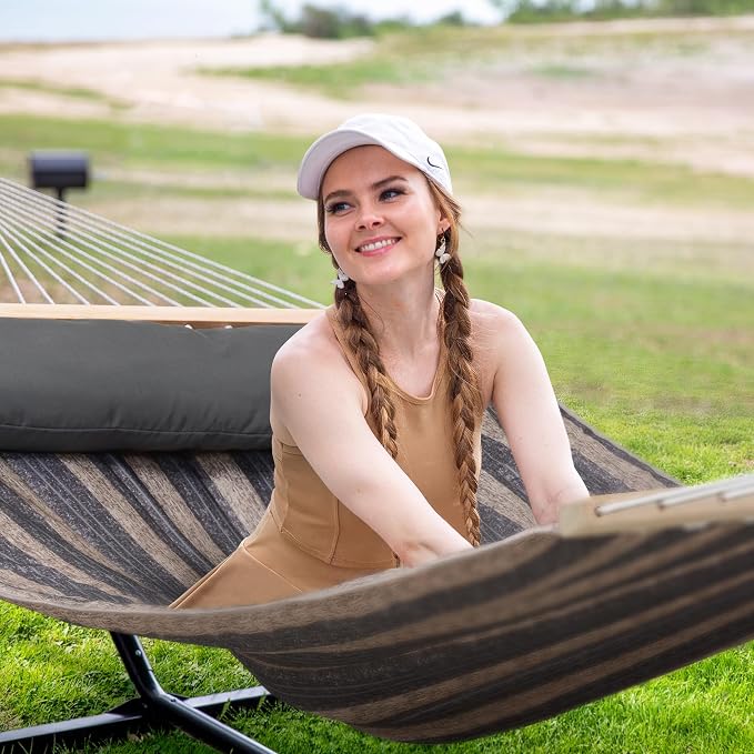 SUNCREAT Hammock with Stand 2 Person Heavy Duty, Freestanding Hammock with Spreader Bar, Soft Pillow, Gray Stripes - Image 2