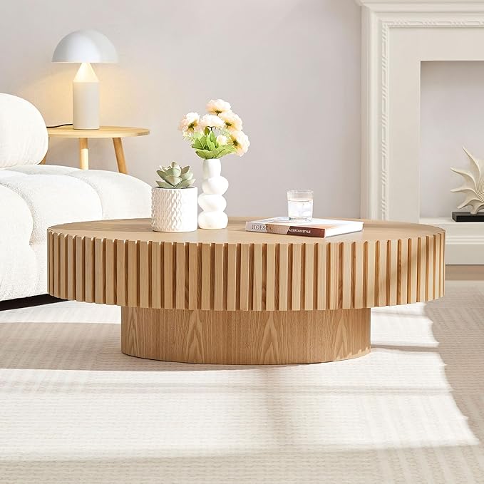 Oval Coffee Table for Living Room Unique Wood Coffee Table Fluted Pedestal Table Modern Handcrafted Centre Table, Easy Assembly 43.7", Oak