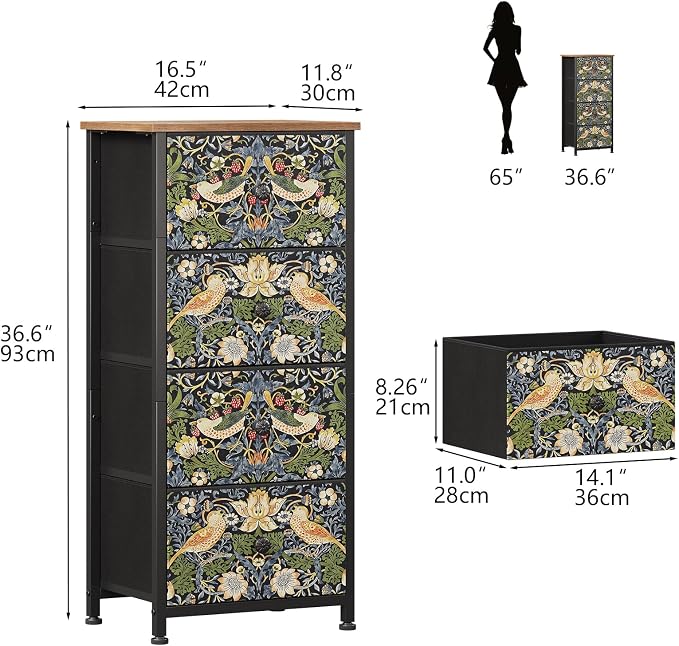 Dresser for Bedroom with 4 Drawer Strawberry Thief Dresser Vintage Storage Tower Unit Nightstand for Living Room Hallway Kids Room Closet Sturdy Steel Frame Wooden Top, Brown - Image 2