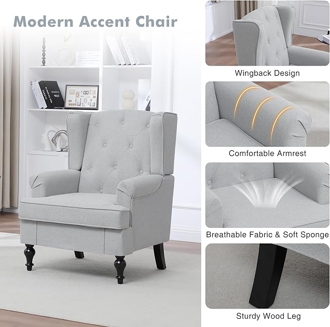 Accent Chair for Living Room, Mid Century Modern Upholstered Armchair, Wingback Chair with Tufted High Back and Solid Legs, Comfy Single Sofa Side Chairs for Bedroom, Light Grey