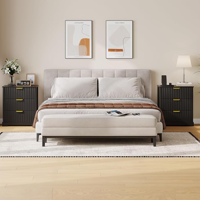 Fluted Nightstand with Charging Station, Modern Night Stand with 3 Drawers and Metal Handles, Large Bedside Table for Bedroom, Black - Image 8