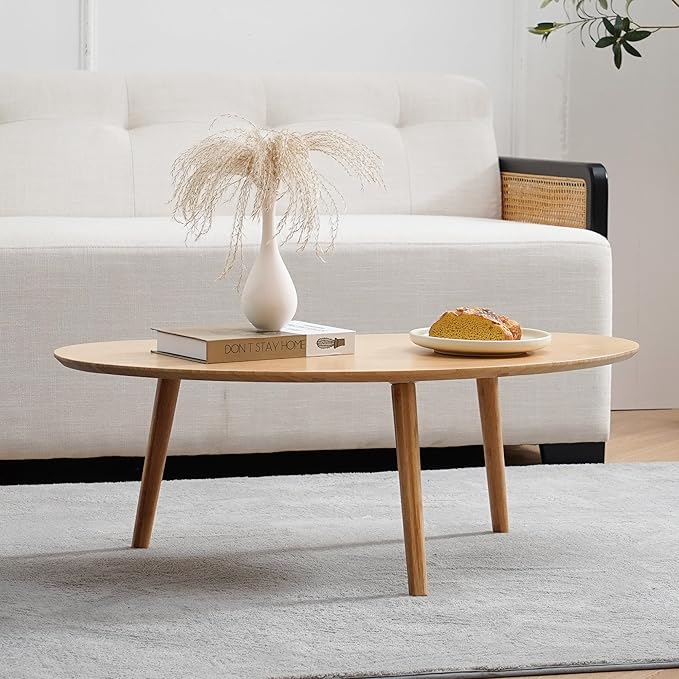 Small Oval Coffee Table Mid Century Modern for Living Room, Center Table,Solid Wood Coffee Table,Nature Wood (Nature Wood,18.9" D x 33.85" W 12.4" H)