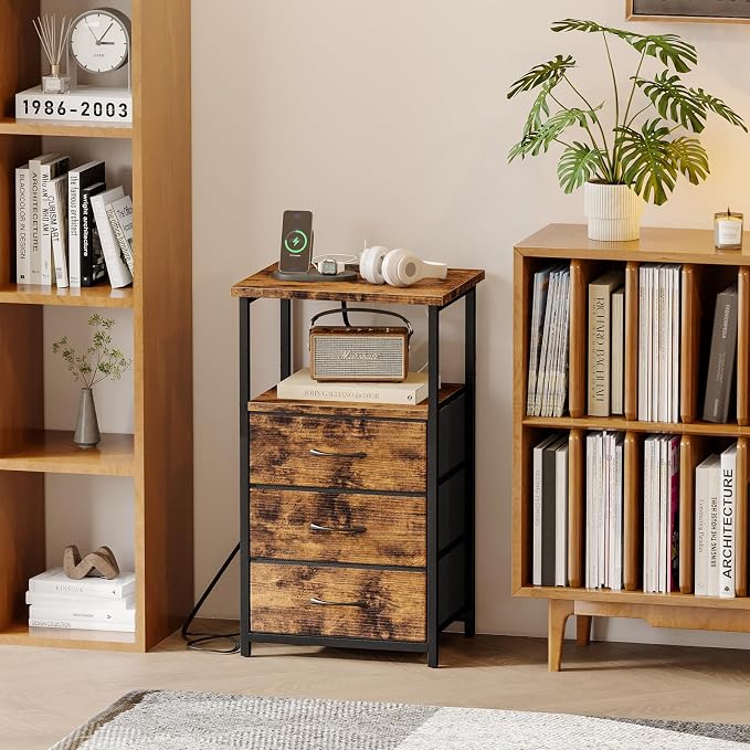 Fixwal Night Stand with 3 Fabric Drawers, Nightstand for Bedroom, Bedside Table with Charging Station End Table with Storage, Rustic Brown - Image 6