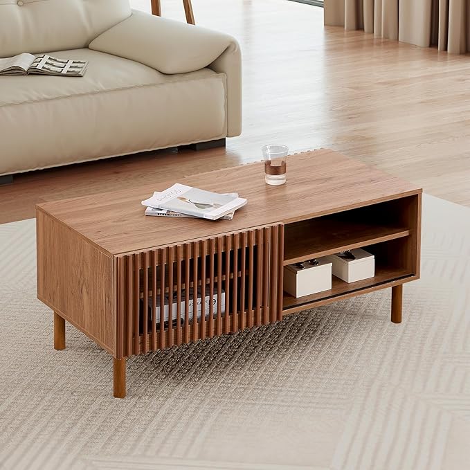 Bonzy Home 44’’ Mid Century Modern Coffee Table with Storage, Wood Center Table with Sliding Door and Open Shelves for Living Room (Walnut)