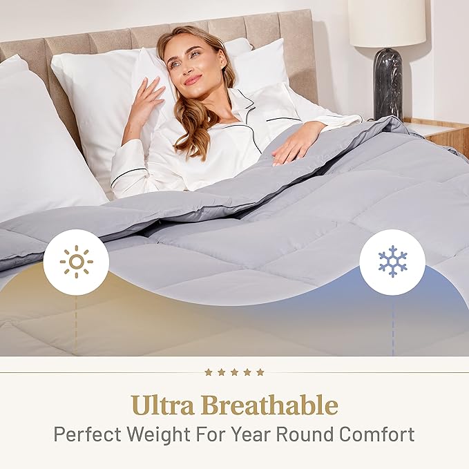 Lavish Comforts® Grey Comforter Queen – Fluffy Down Alternative Duvet Insert, Light Grey Comforter, All-Season Bedding, Hypoallergenic, Machine Washable, Queen Duvet Insert with Corner Loops
