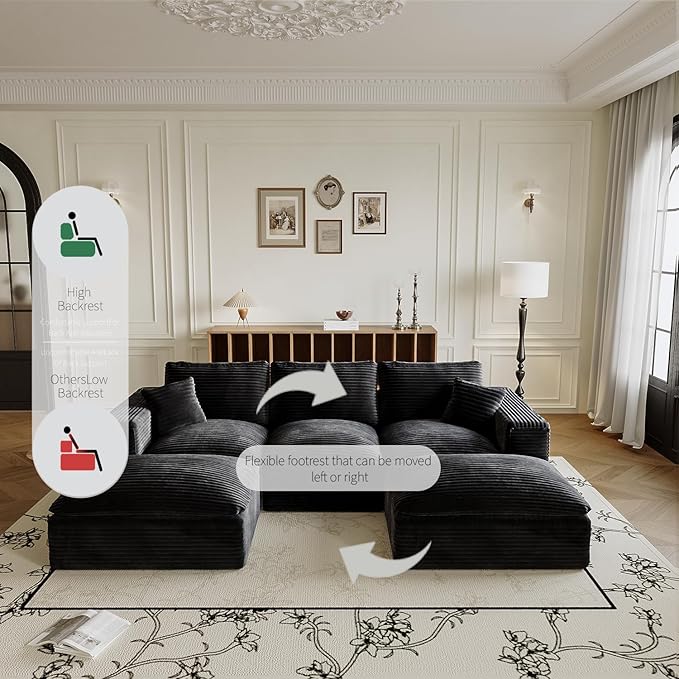 Ball & Cast 108" Cloud Sectional Couches for Living Room,Convertible L Shaped Couch with Deap Seat & Movable Ottoman,3 Seater Modular Sectional Sofa,Free Combination,No Assembly Required,Black
