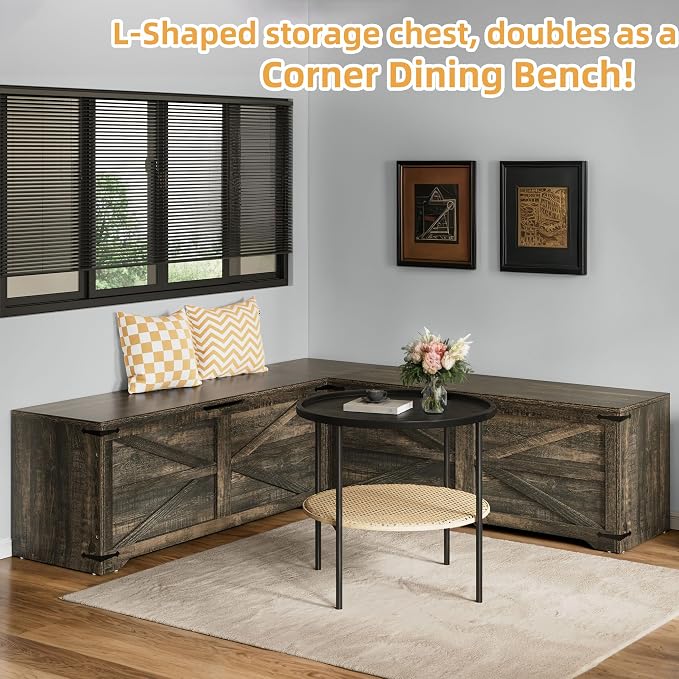 DWVO L-Shaped Storage Bench, 18" High Corner Dining Bench with Safety Hinges, Wooden Nook Chest for Living Room, Bedroom - Image 3