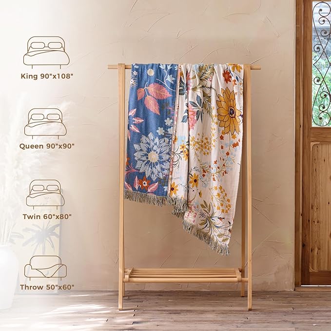 LUTBM Boho Throw Blanket for Couch Sofa Chair Cotton Spring Breathable Blankets for Bedroom Living Room All Season Soft Lightweight Reversible Floral Embroidery Throws Home Decor 50"x60"