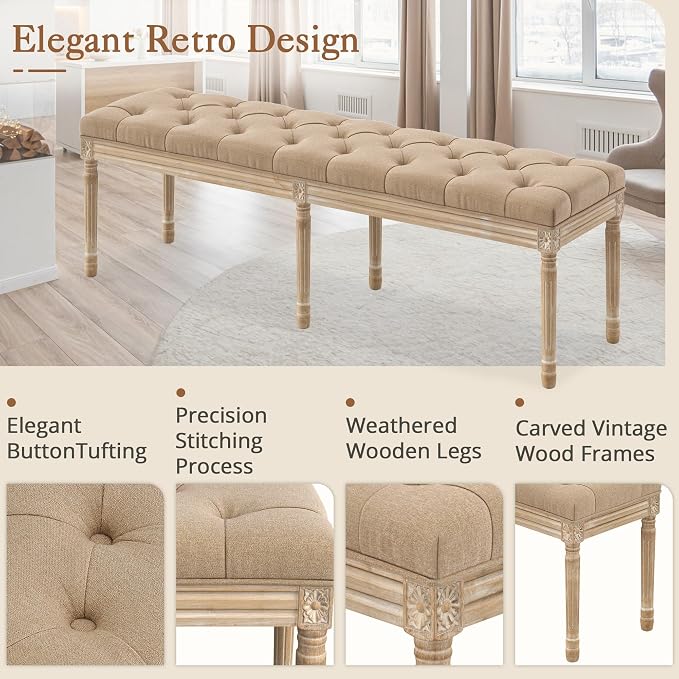 LUE BONA 60" Fabric End of Bed Bench, Upholstered Tufted French Bedroom Bench with Carved Legs for Bedroom End of King Size Bed, Living Room, Wheat - Image 5