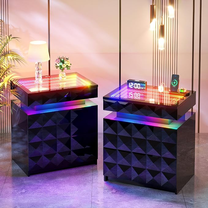 Night Stand Set 2 with Charger Station & RGB Lights, 3 Drawers Bedside Table with Sliding Top, Modern Night Stands with Human Body Sensor for Bedroom, Black by FREDEES